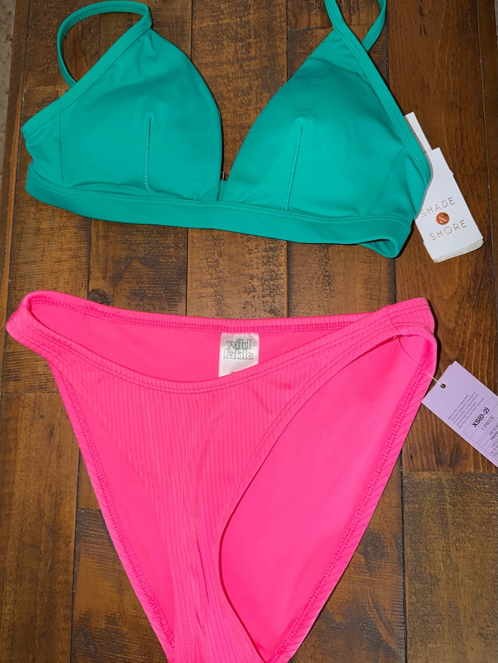 Shade & Shore Teal Triangle Bikini Top with Hot Pink Bottoms